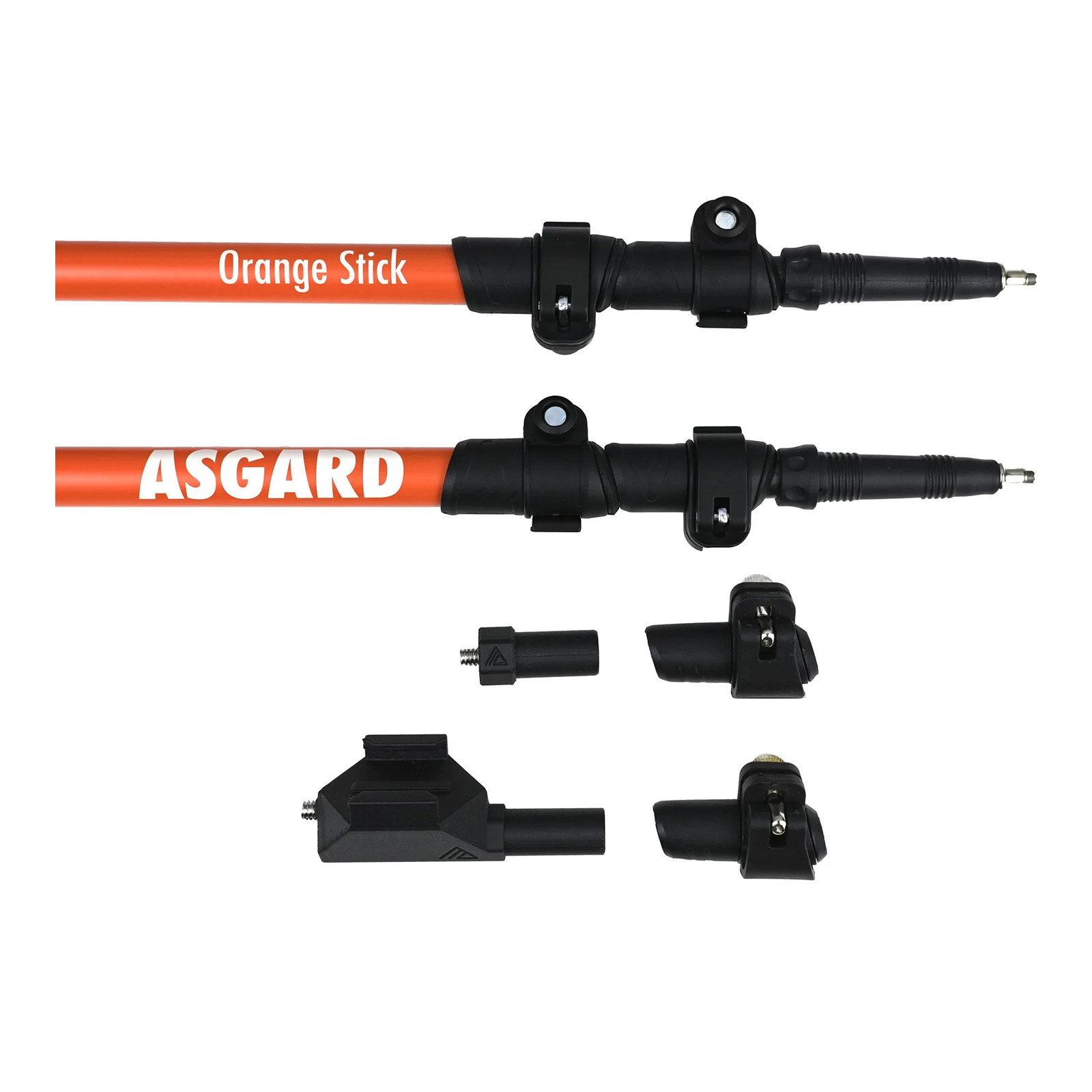 Orange trekking pole with accessories