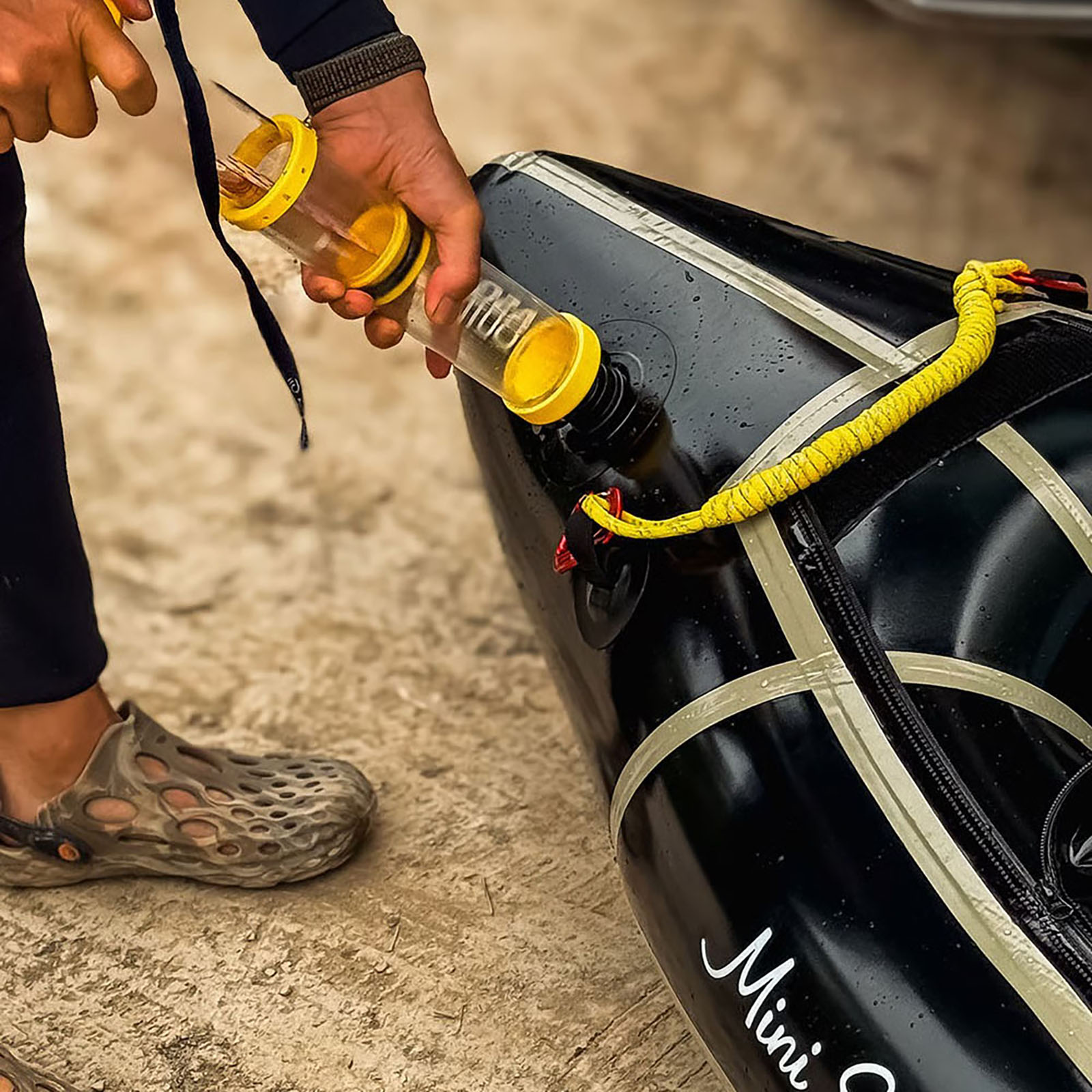 Preparing the Mini Shark kayak with an Asgard air pump
