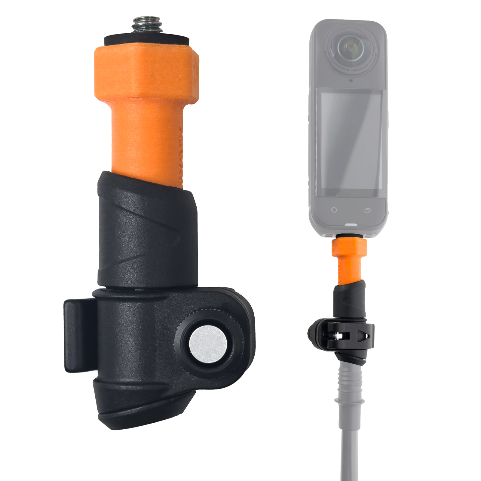 Orange action camera mount with black clamp