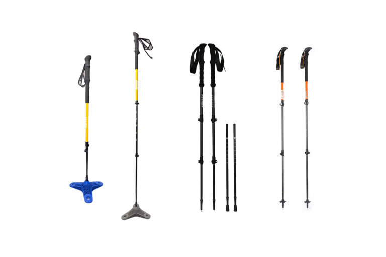 Collection of different hiking poles with bases