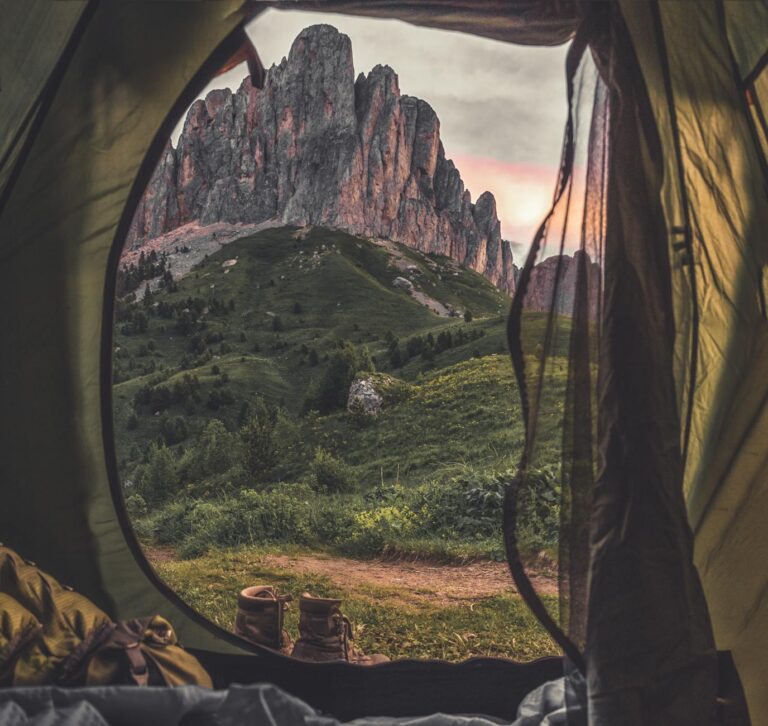Tent at a frontcountry campground by a creek at sunrise, Big South Fork camping overview