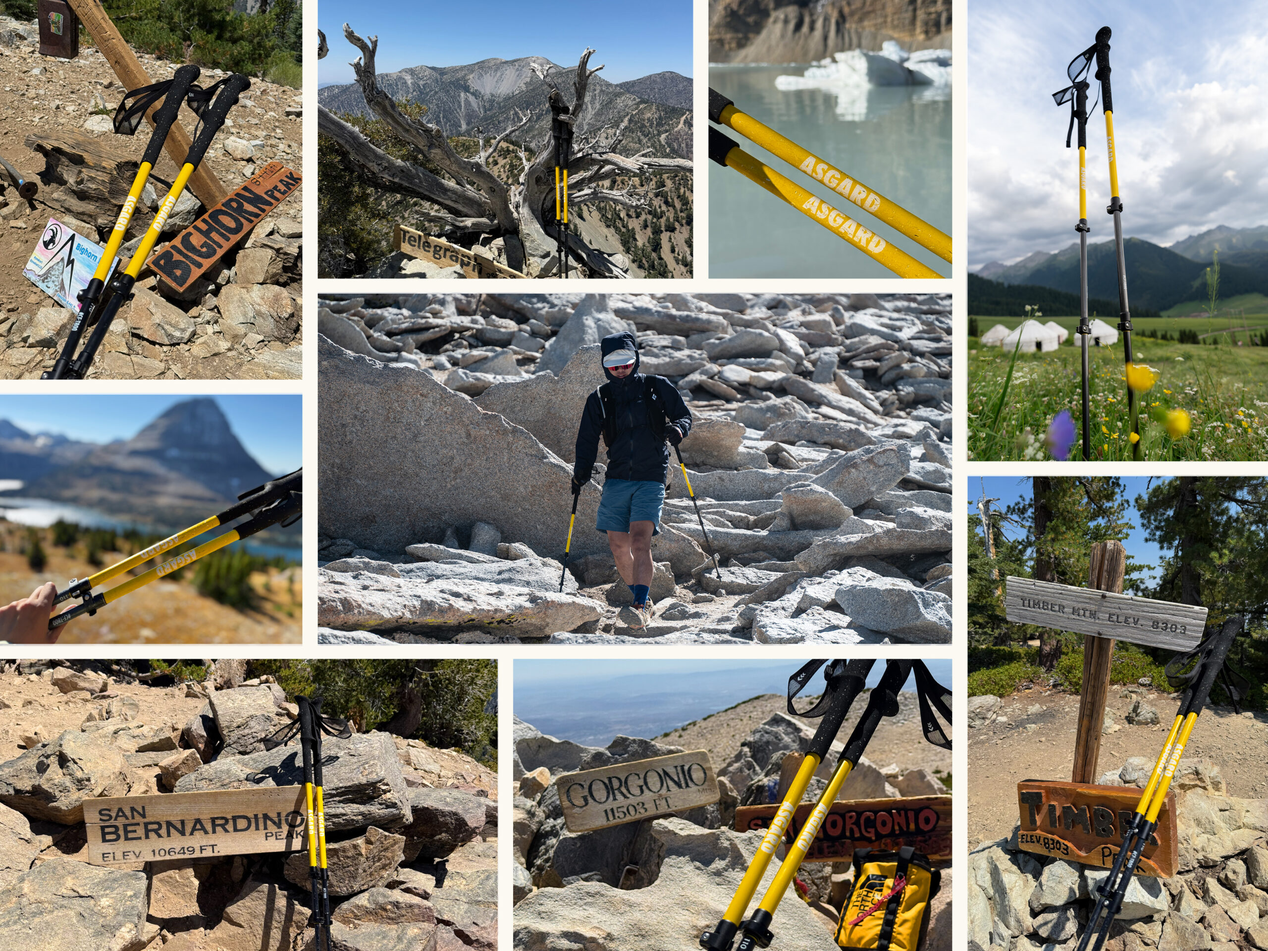Collage of Asgard Hydrogen Poles 2.0 trekking poles field-tested on mountain trails, rocky summits, and alpine lakes.