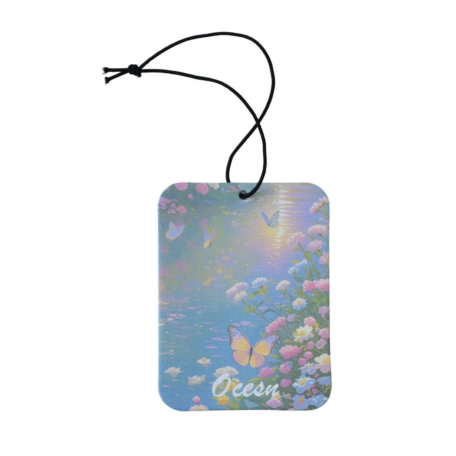 Ocean-themed hanging car air freshener scented card with butterfly and flowers.