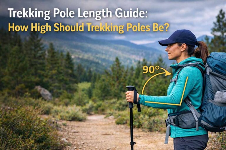 Hiker demonstrating correct trekking pole length using the 90-degree elbow rule on a mountain trail.